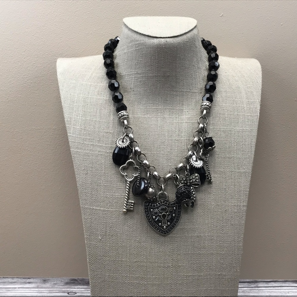 Silver and black lock and key beaded necklace